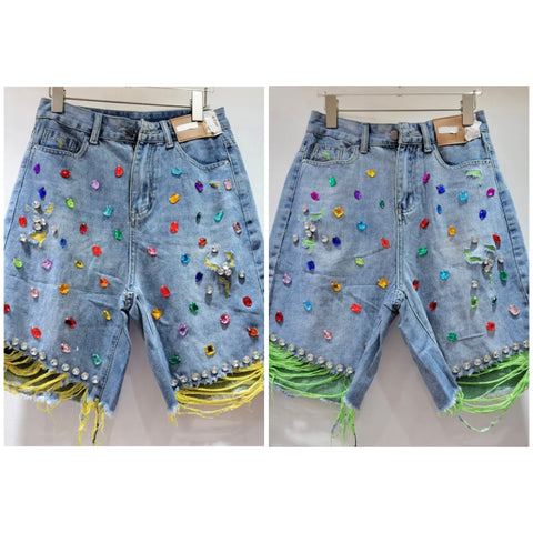 Women Color Ripped Rhinestone Gem Denim Shorts