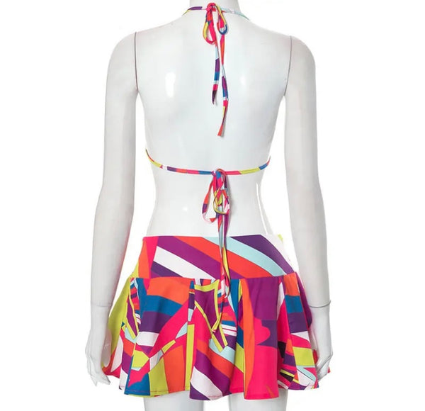 Women Sexy Multicolored Print Halter Two Piece Pleated Skirt Set