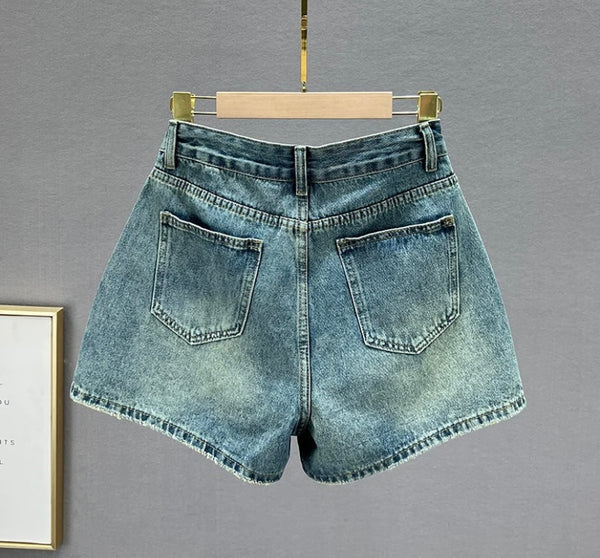 Women Fashion Rivet Gem Denim Wrap Shorts