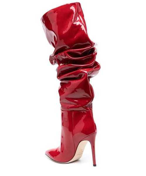 Women Fashion Ruched Patent Leather Knee High Boots