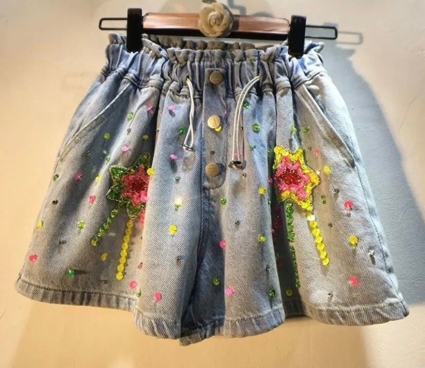 Women Drawstring Neon Sequins Fashion Denim Shorts