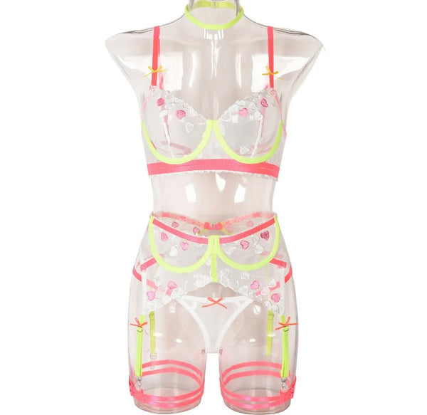 Women Sexy Mesh Neon Heart Print Lingerie Set