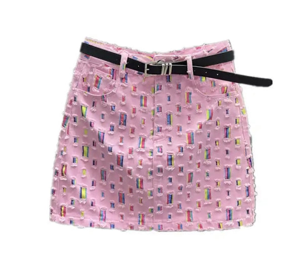 Women Ripped Fashion Pink Denim Skirt