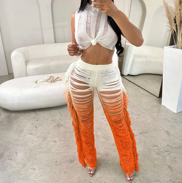 Women Ripped Sleeveless Sexy Gradient Two Piece Pant Set