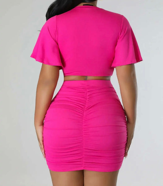 Women Ruche Sexy Short Sleeve Crop Two Piece Skirt Set