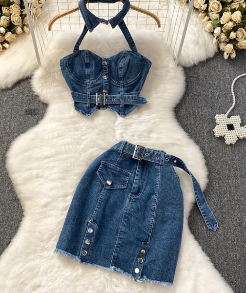 Women Halter Sleeveless Buckled Two Piece Denim Skirt Set