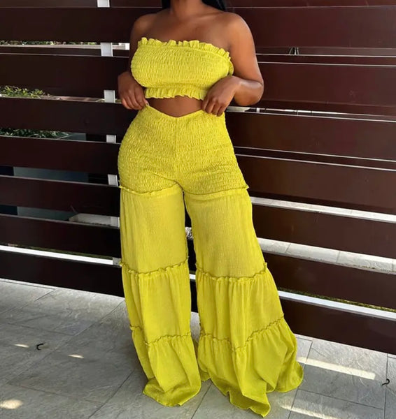 Women Strapless Ruffled Crop Two Piece Wide Leg Pant Set