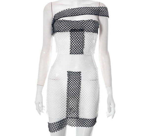 Women Sexy B&W Strapless Netted Two Piece Skirt Set