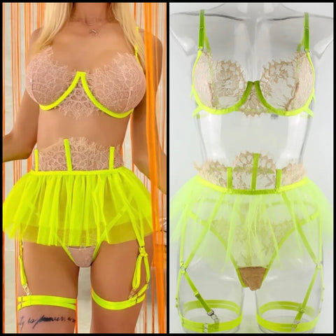 Women Sexy Neon Lace Mesh Lingerie Set