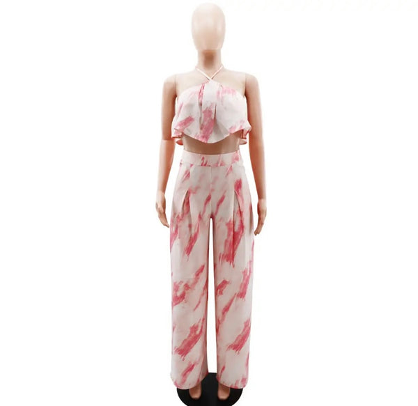 Women Ruffled Sleeveless Halter Two Piece Wide Leg Pant Set