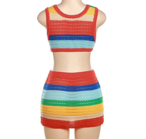 Women Sexy Sleeveless Colorful Striped Two Piece Knitted Skirt Set