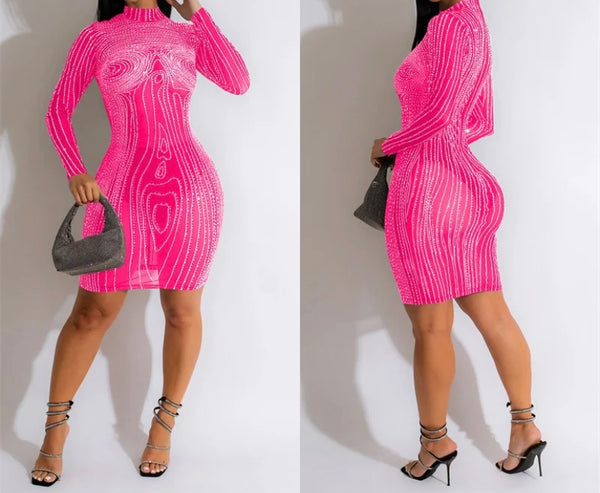 Women Sexy Full Sleeve Rhinestone Bling Mesh Dress
