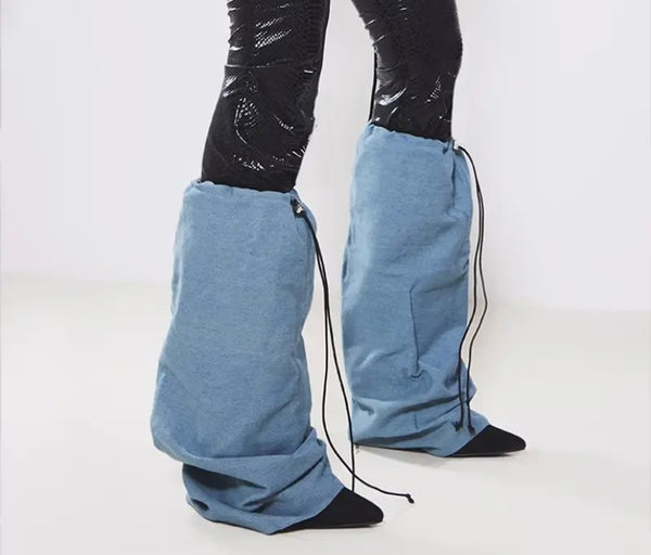 Women Fashion Denim Patchwork Drawstring Boots