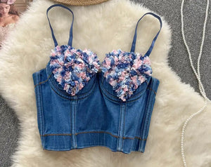 Women Sleeveless Floral Fashion Sexy Denim Crop Top