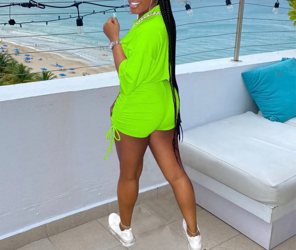 Women Short Sleeve Tie Up Drawstring Two Piece Short Set