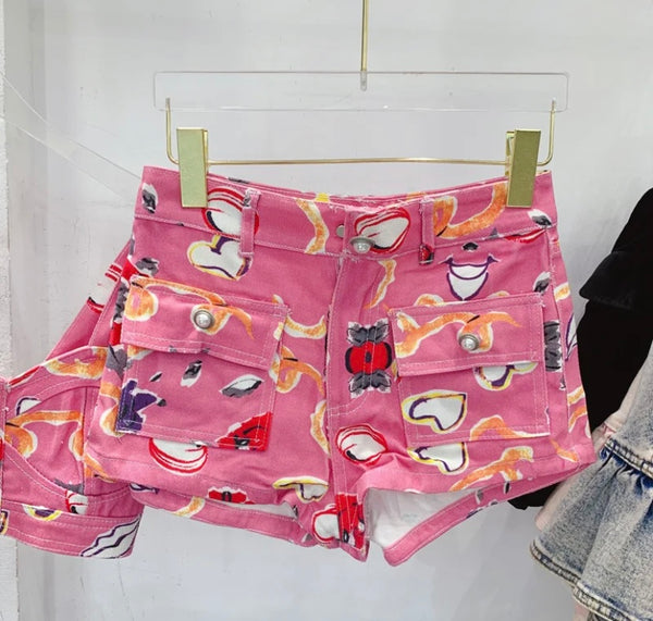 Women Pink Printed Sexy Fashion Sleeveless Crop Two Piece Short Set