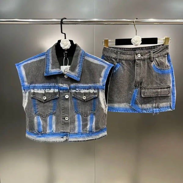 Women Sleeveless Fashion Color Patchwork Denim Vest Two Piece Skirt Set