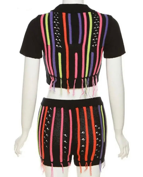 Women Short Sleeve Fashion Neon Striped Two Piece Short Set