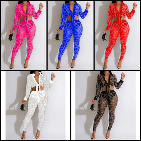 Women Full Sleeve Bling Mesh Button Up Two Piece Pant Set