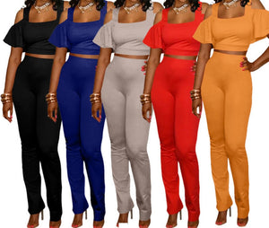 Women Solid Color Ruffled Short Sleeve Crop Two Piece Pant Set