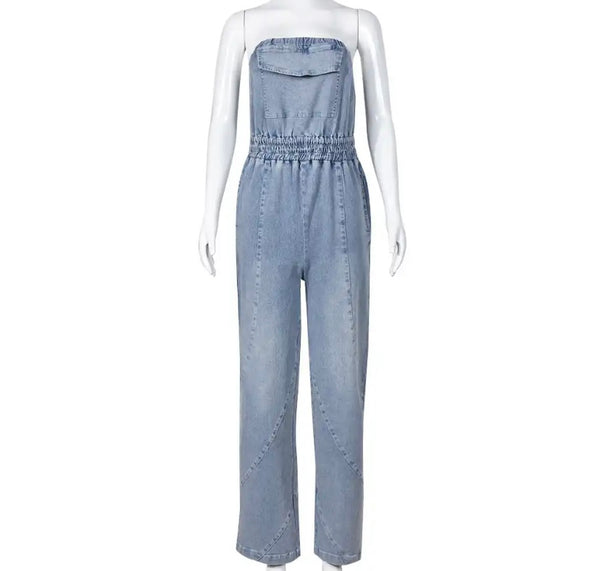 Women Sexy Strapless Pocket Denim Jumpsuit