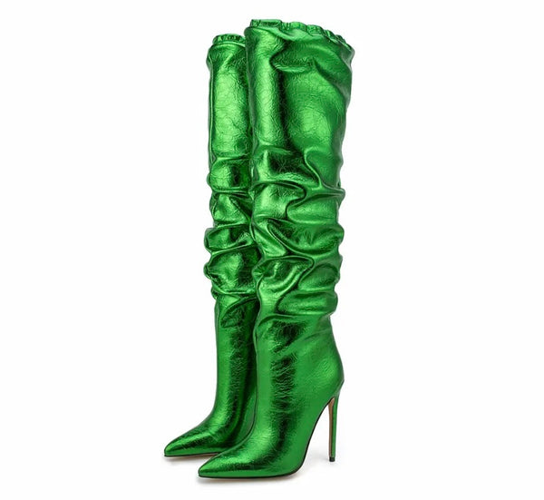 Women Ruched PU High Heel Knee High Boots