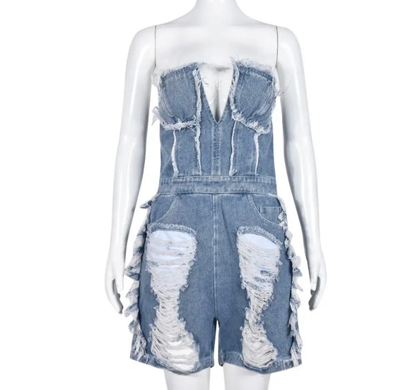Women Sexy Strapless Ripped Denim Romper
