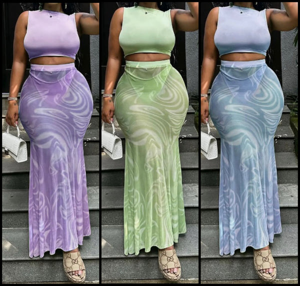 Women Sleeveless Crop Sexy Two Piece Printed Maxi Skirt Set