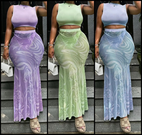 Women Sleeveless Crop Sexy Two Piece Printed Maxi Skirt Set