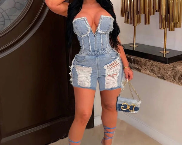 Women Sexy Strapless Ripped Denim Romper