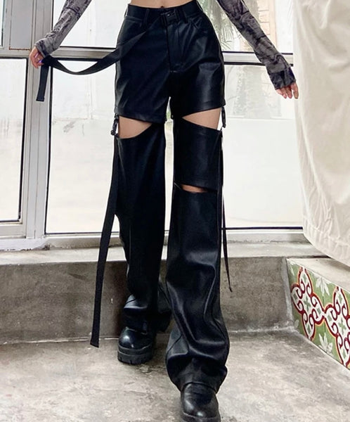 Women Black Faux Leather Buckled Cut Out Pants