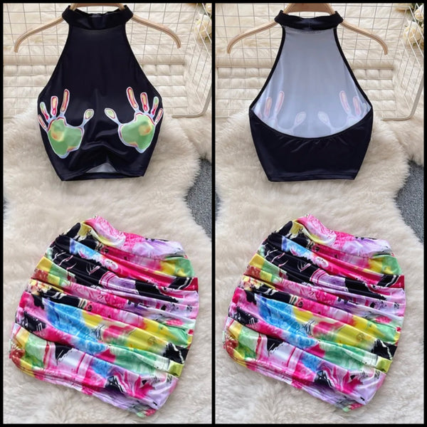 Women Halter Colorful Hand Print Two Piece Skirt Set