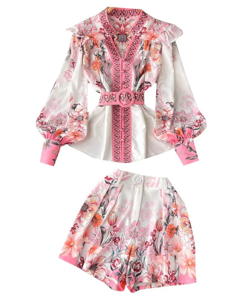Women Button Up Full Sleeve Floral Two Piece Short Set