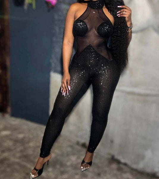 Women Sexy Sleeveless Black Sequins Mesh Patchwork Jumpsuit