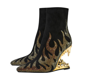 Women Black Fashion Printed Gold Platform Ankle Boots
