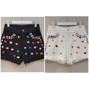 Women Fashion Fringe Gem Denim Shorts