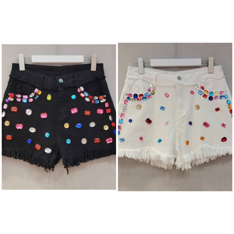 Women Fashion Fringe Gem Denim Shorts