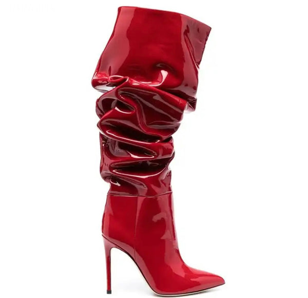 Women Fashion Ruched Patent Leather Knee High Boots