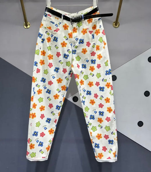 Women White Colorful Floral Fashion Denim Pants