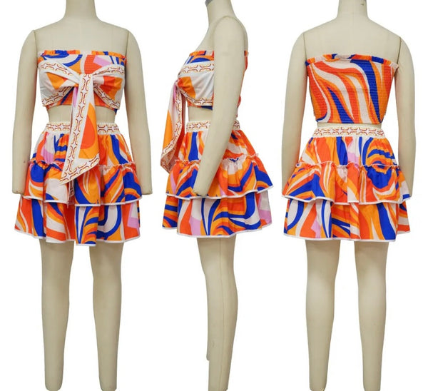 Women Sexy Strapless Multicolored Print Two Piece Skirt Set