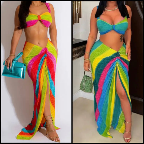 Women Sexy Halter Multicolored Two Piece Maxi Skirt Set