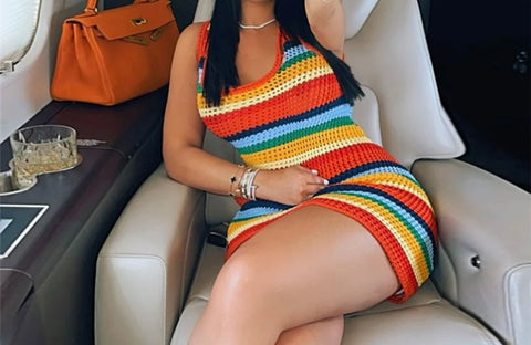 Women Sexy Sleeveless Colorful Striped Knitted Dress