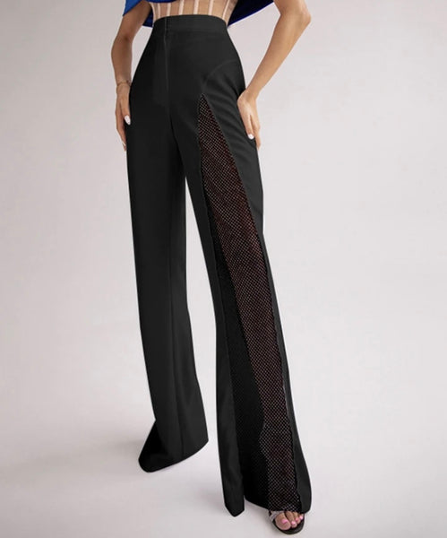 Women Fashion Wide Leg Mesh Patchwork Pants