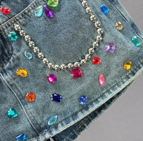 Women Fashion Rivet Gem Denim Wrap Shorts