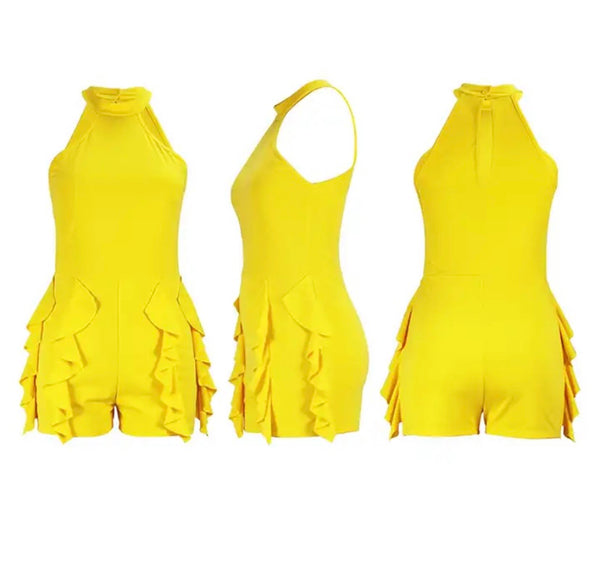 Women Sexy Sleeveless Ruffled Solid Color Romper