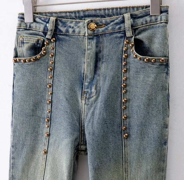 Women Sleeveless Fashion Gold Rivet Patchwork Denim Two Piece Pant Set