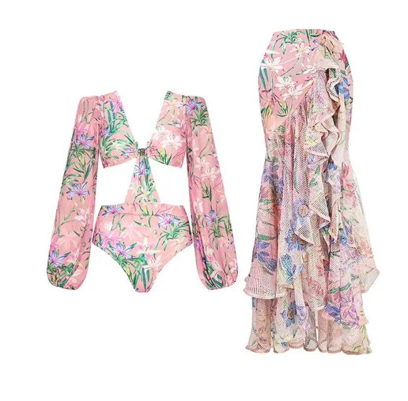 Women Sexy Pink Floral Swimsuit Ruffled Skirt Cover Up Set