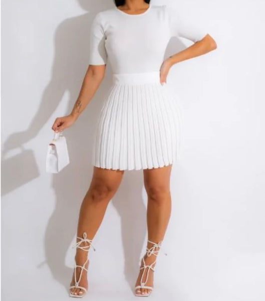 Women Sexy Solid Color Short Sleeve Pleated Two Piece Skirt Set