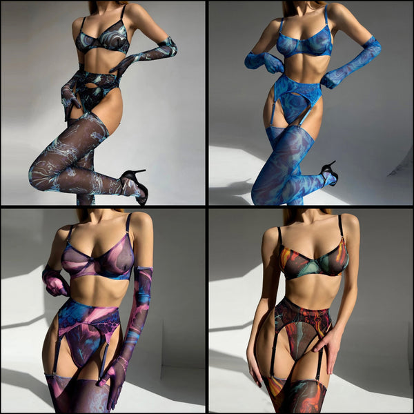 Women Sexy Multicolored Print Mesh Glove Stockings Lingerie Set