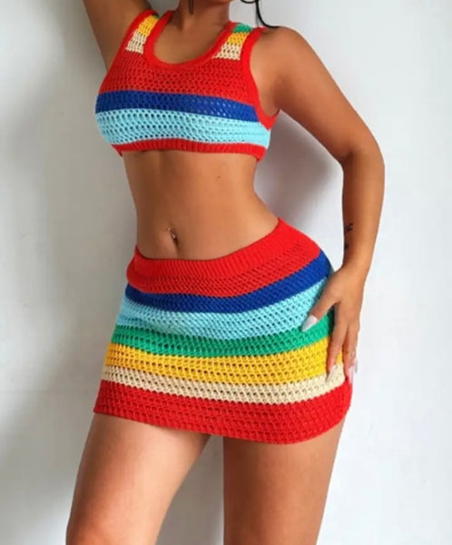 Women Sexy Sleeveless Colorful Striped Two Piece Knitted Skirt Set